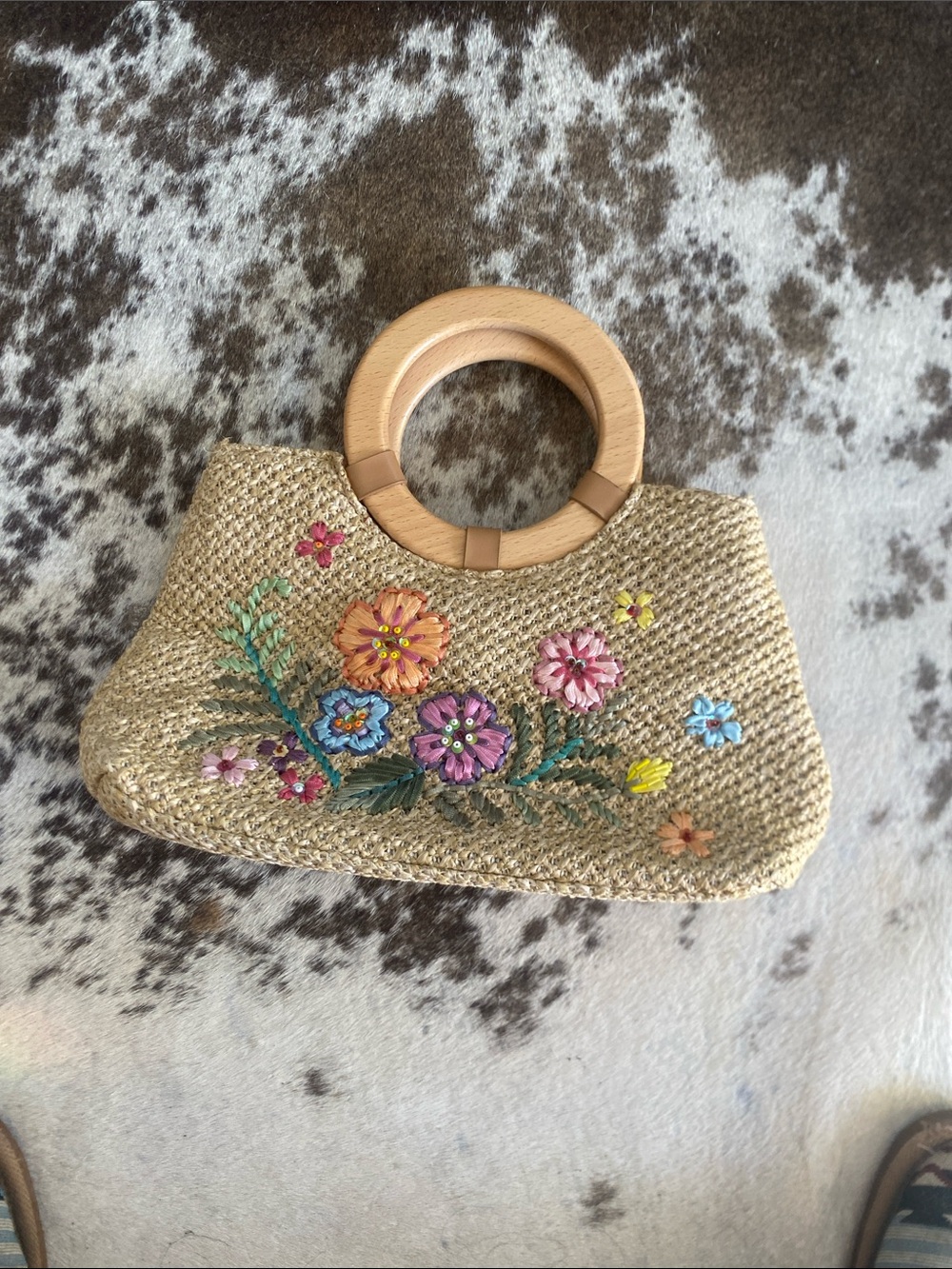 Embroidered Straw Mini Bag with Wooden Ring Handles - Natural